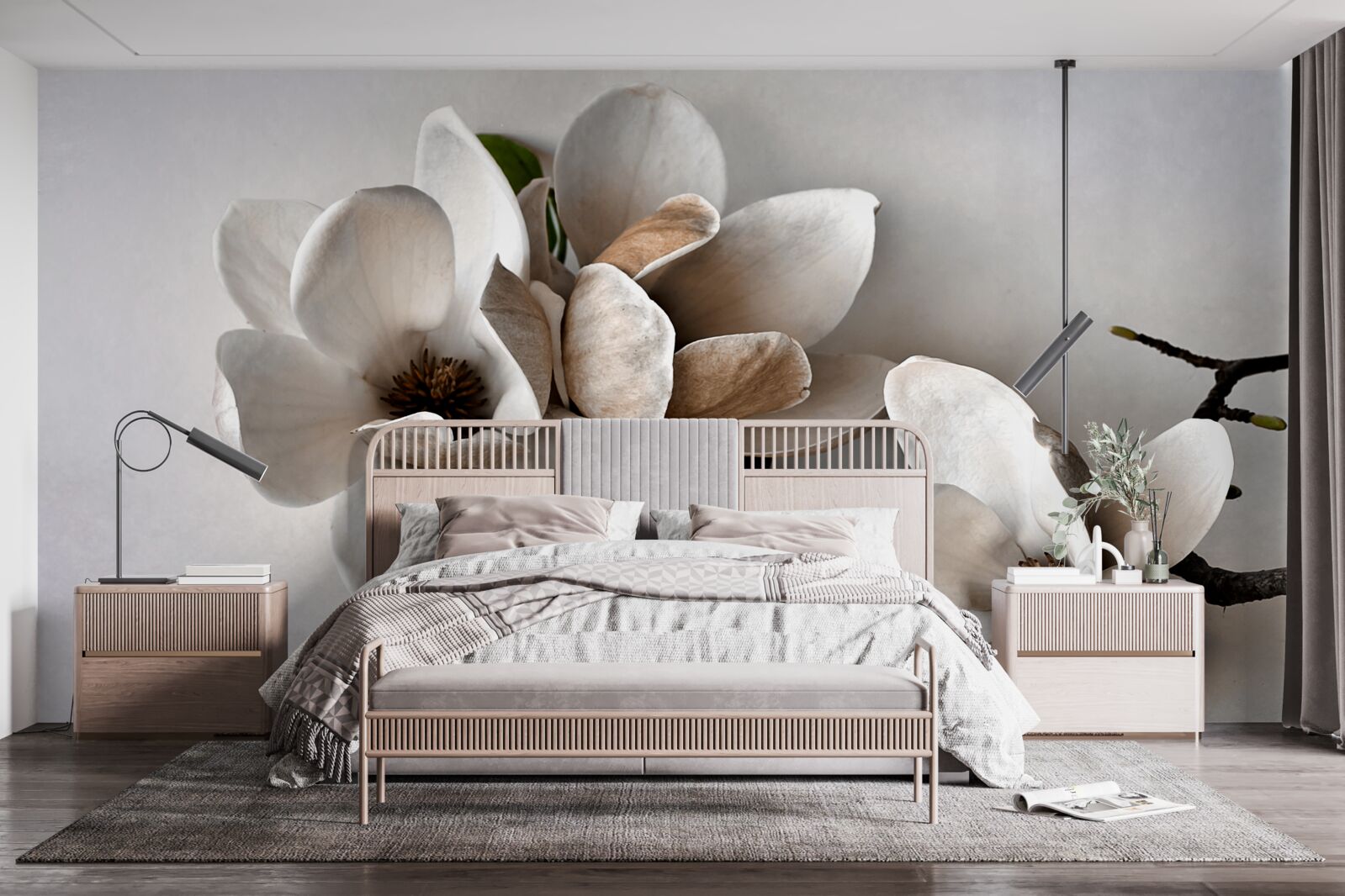 Fototapeta Vetvy majú biele kvety a sú na sivom základe