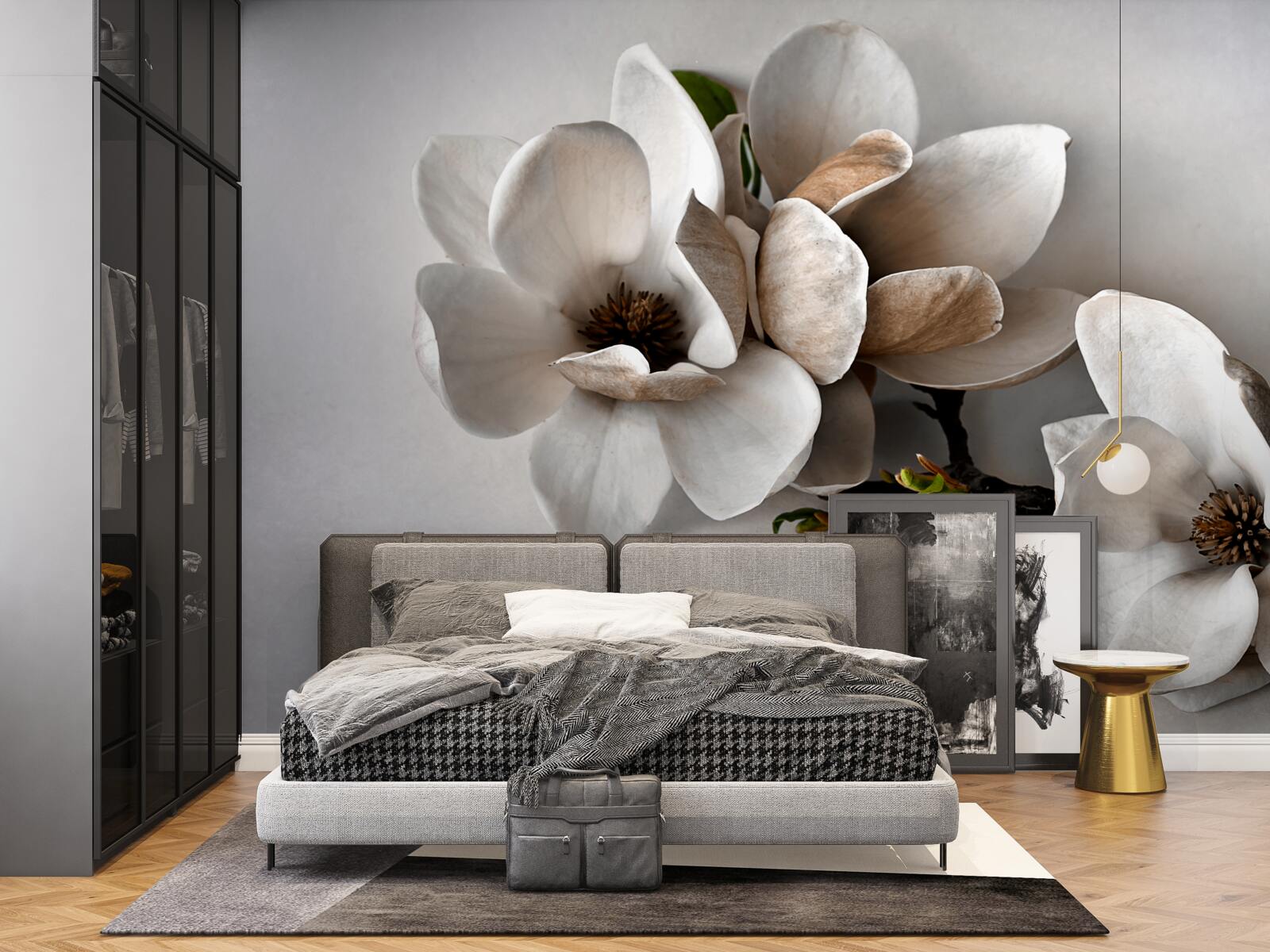 Fototapeta Vetvy majú biele kvety a sú na sivom základe