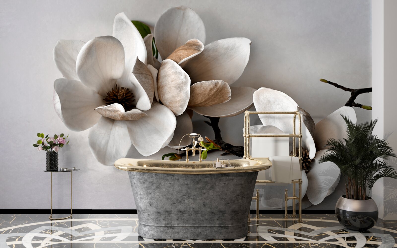 Fototapeta Vetvy majú biele kvety a sú na sivom základe