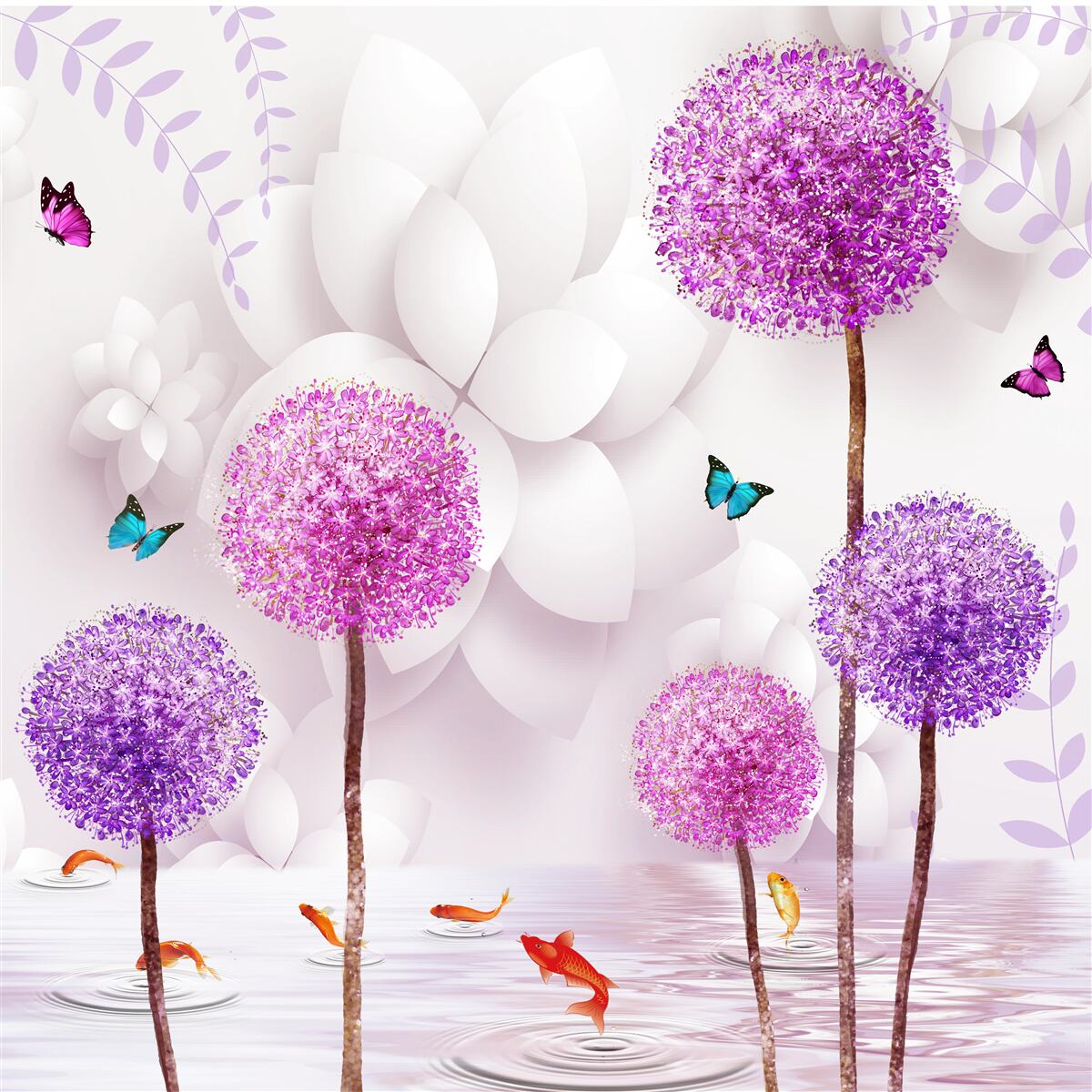 Fototapeta fialové svetlé púpavy sú blízko vody s motýľmi