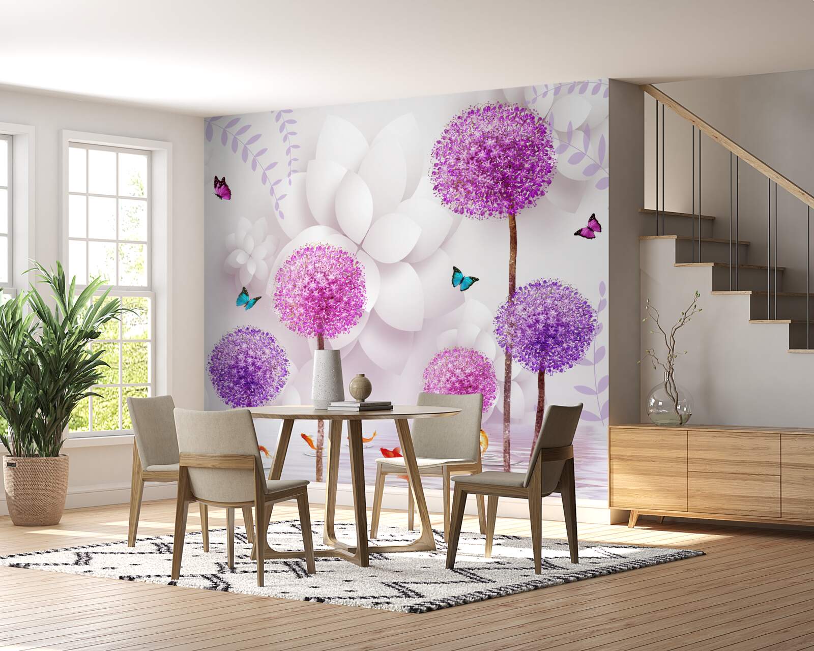 Fototapeta fialové svetlé púpavy sú blízko vody s motýľmi