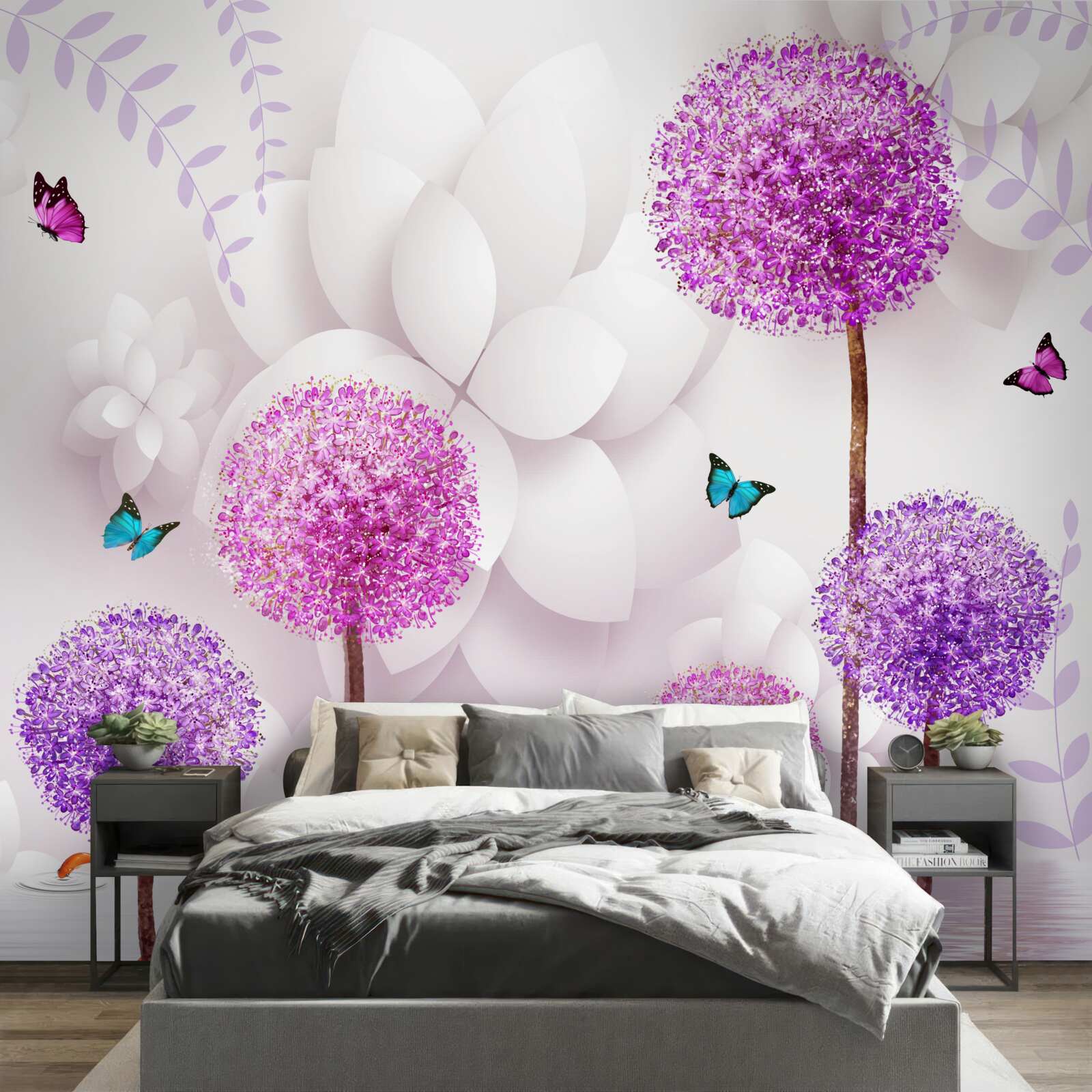 Fototapeta fialové svetlé púpavy sú blízko vody s motýľmi