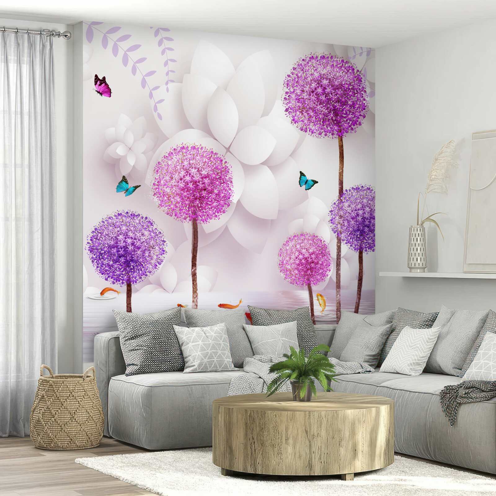 Fototapeta fialové svetlé púpavy sú blízko vody s motýľmi