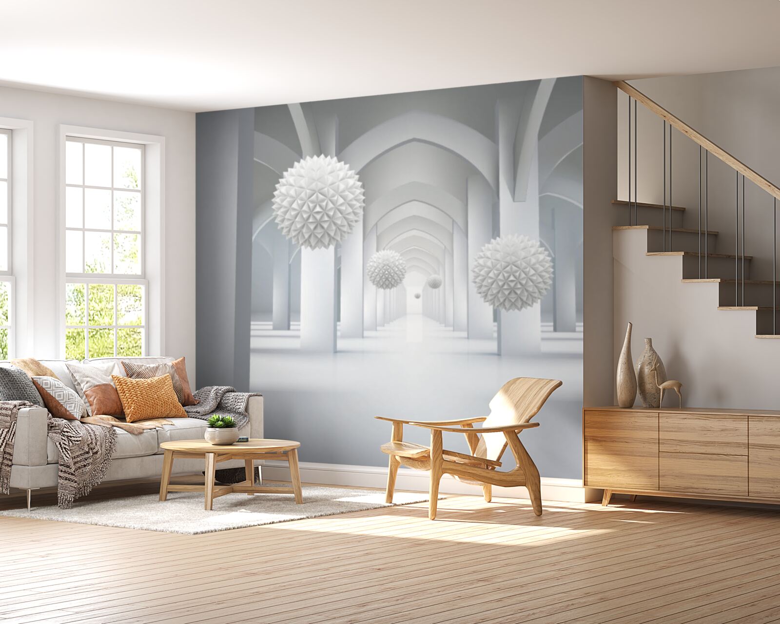 Fototapeta abstrakcie s geometrickými oblakmi a levitujúcimi hrudkami