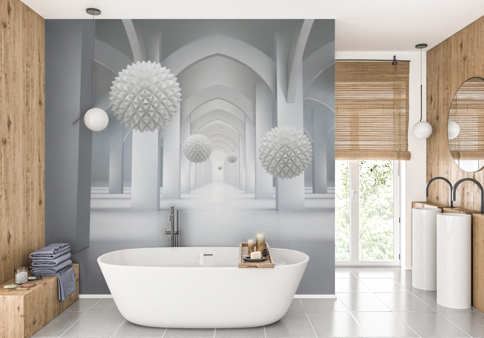 Fototapeta abstrakcie s geometrickými oblakmi a levitujúcimi hrudkami