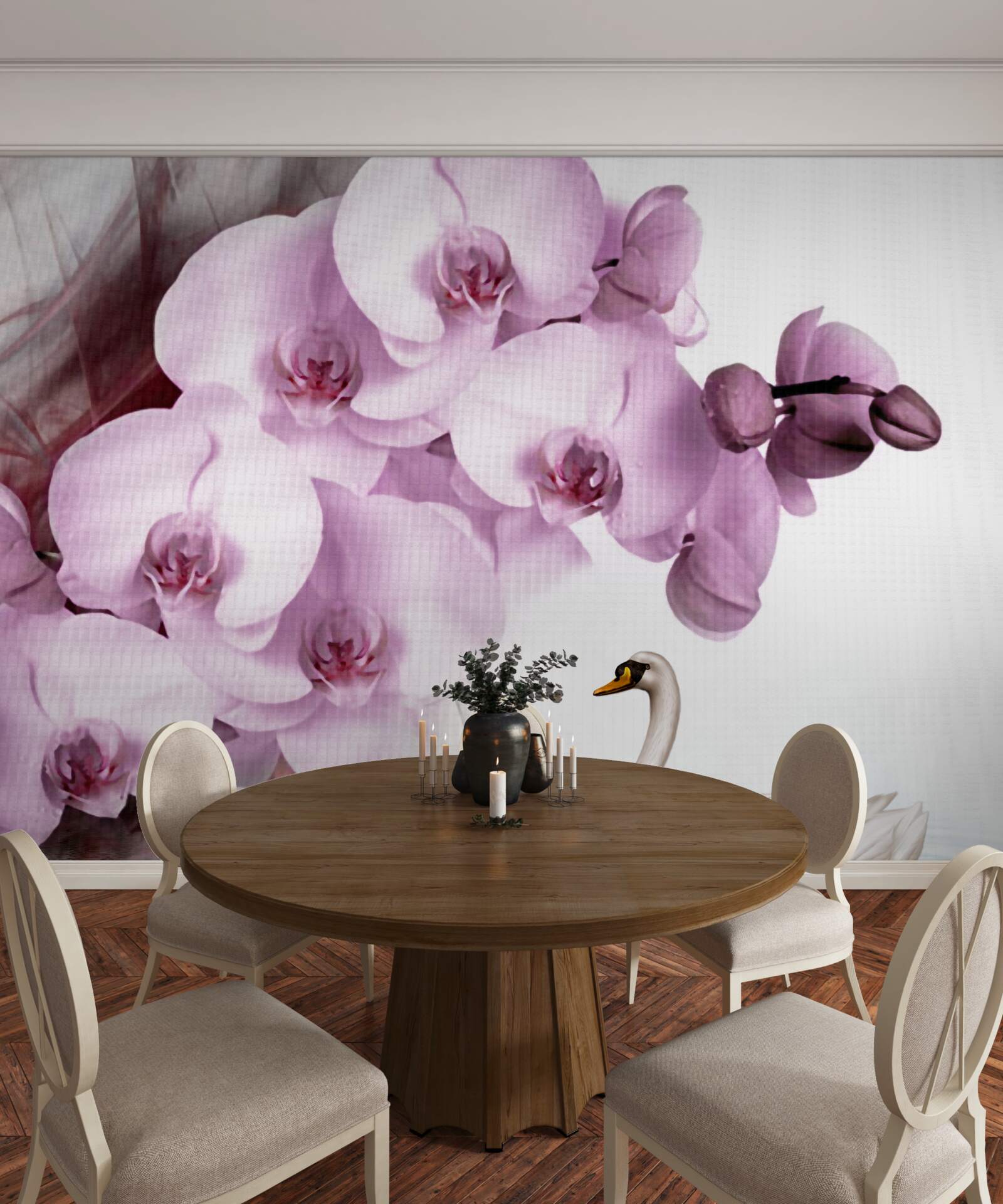 Fototapeta labute na vodnej hladine a jemný kvet orgovánovej orchidey