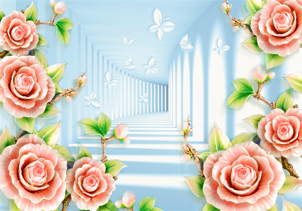 Fototapeta modrý tunel vyplnený ružovými ružami
