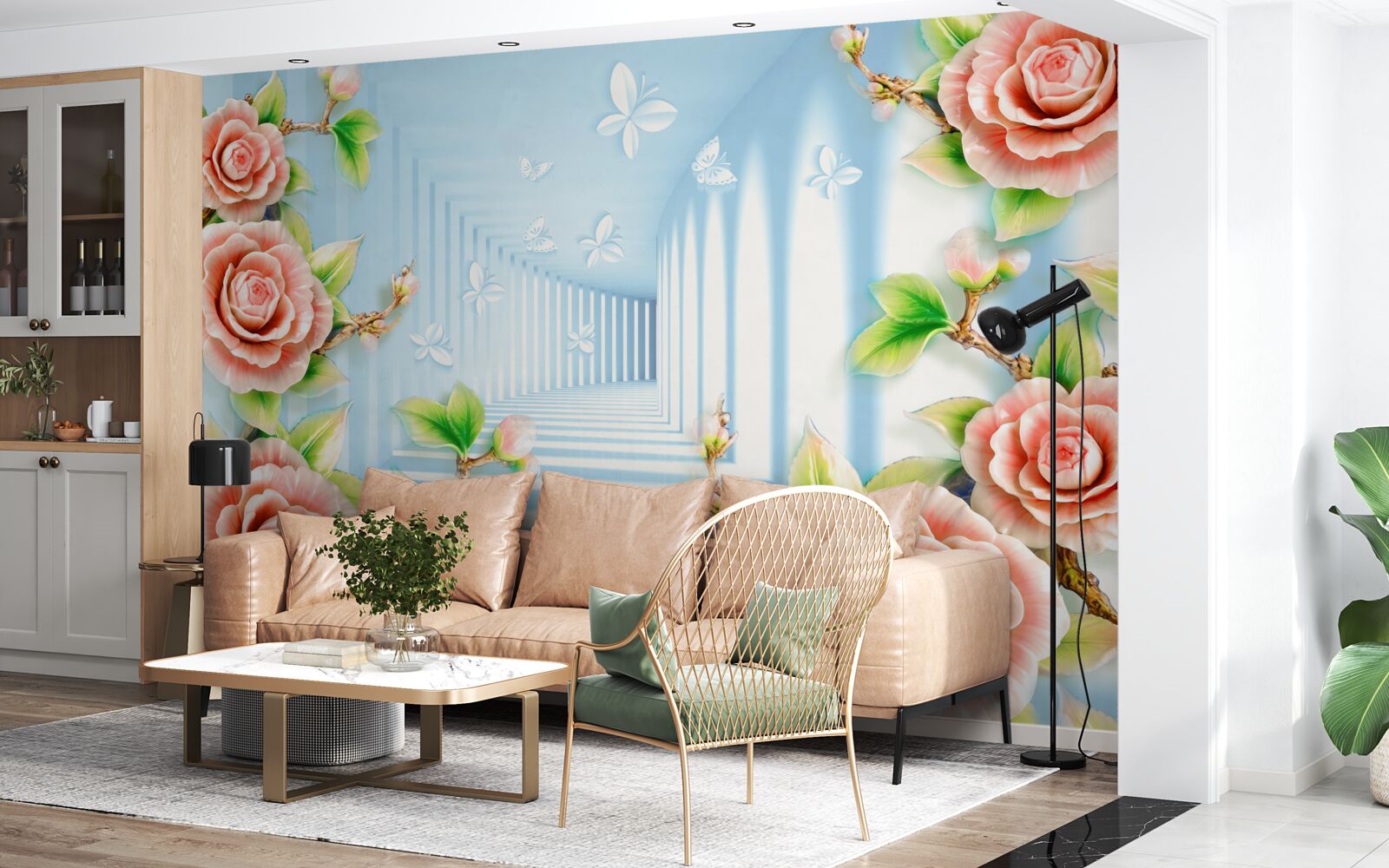 Fototapeta modrý tunel vyplnený ružovými ružami