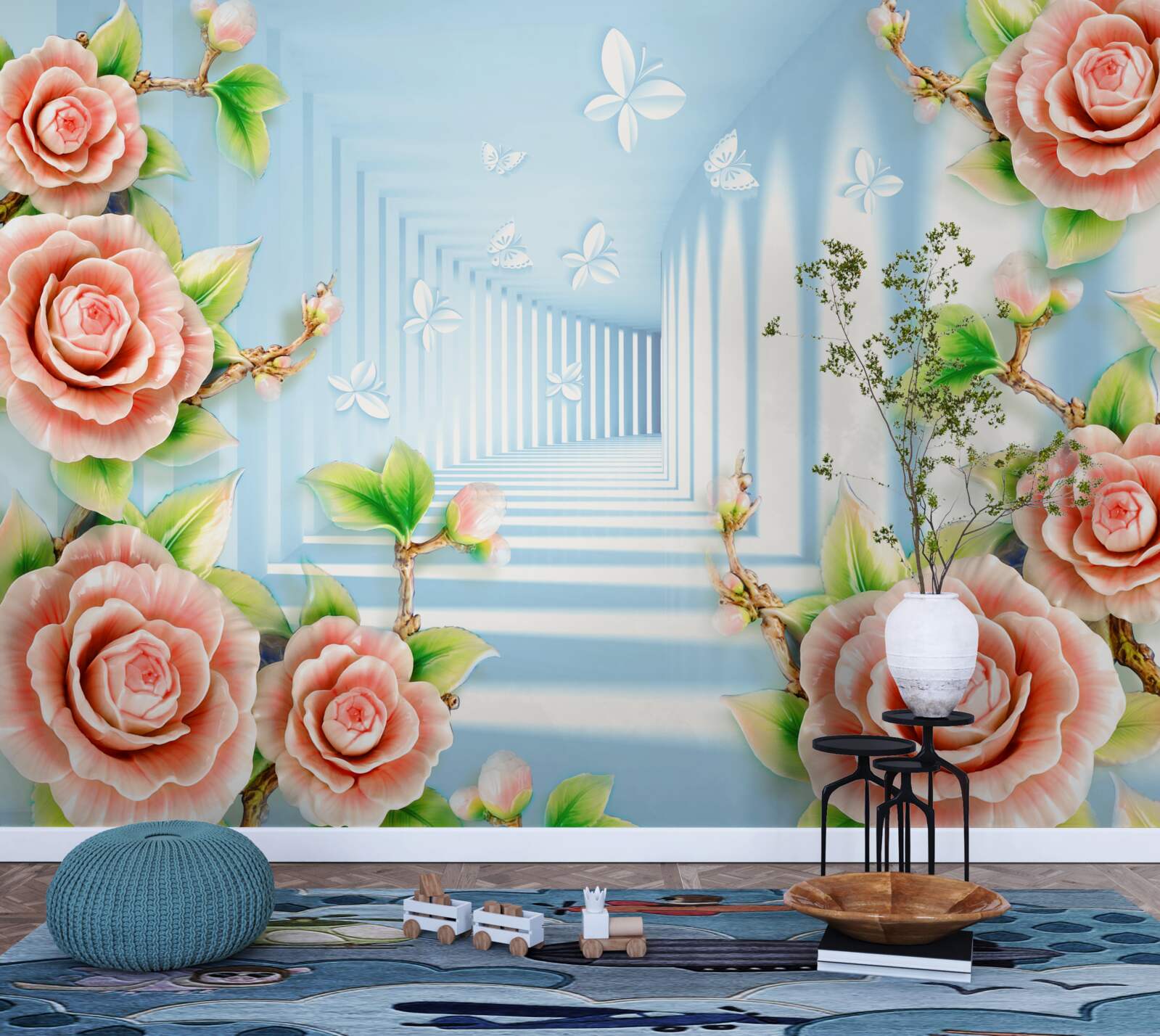 Fototapeta modrý tunel vyplnený ružovými ružami