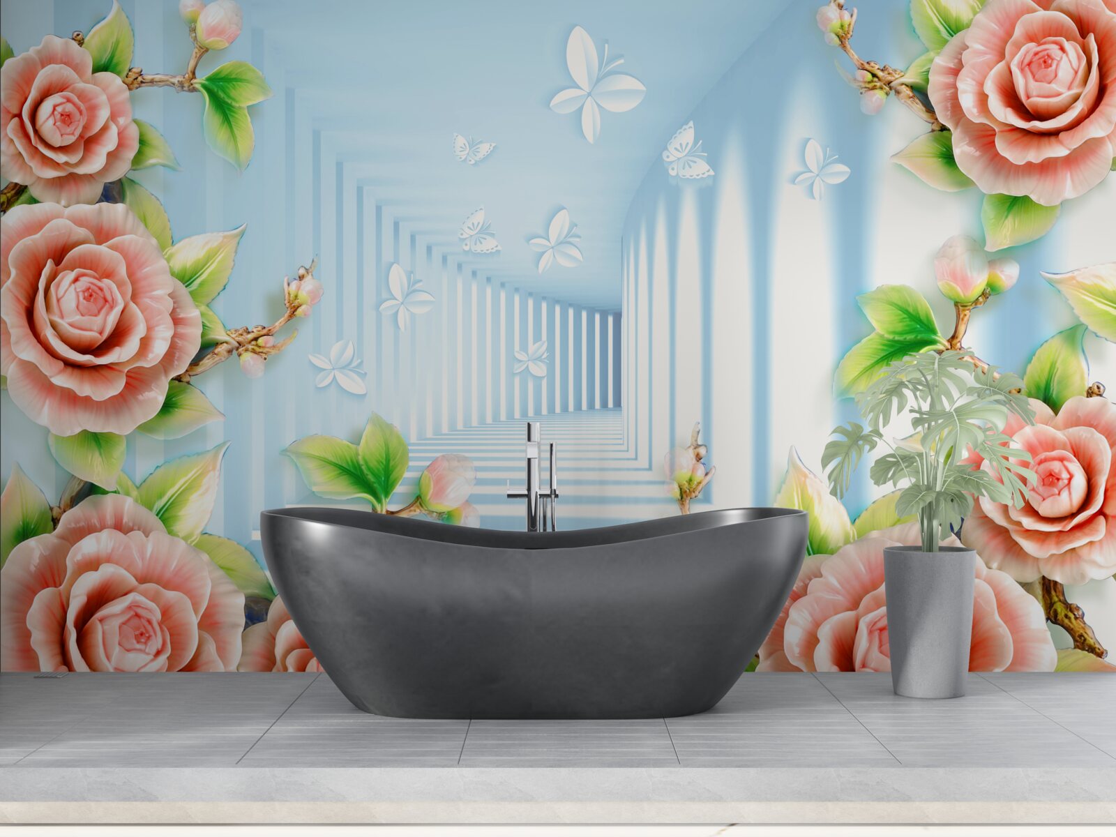 Fototapeta modrý tunel vyplnený ružovými ružami