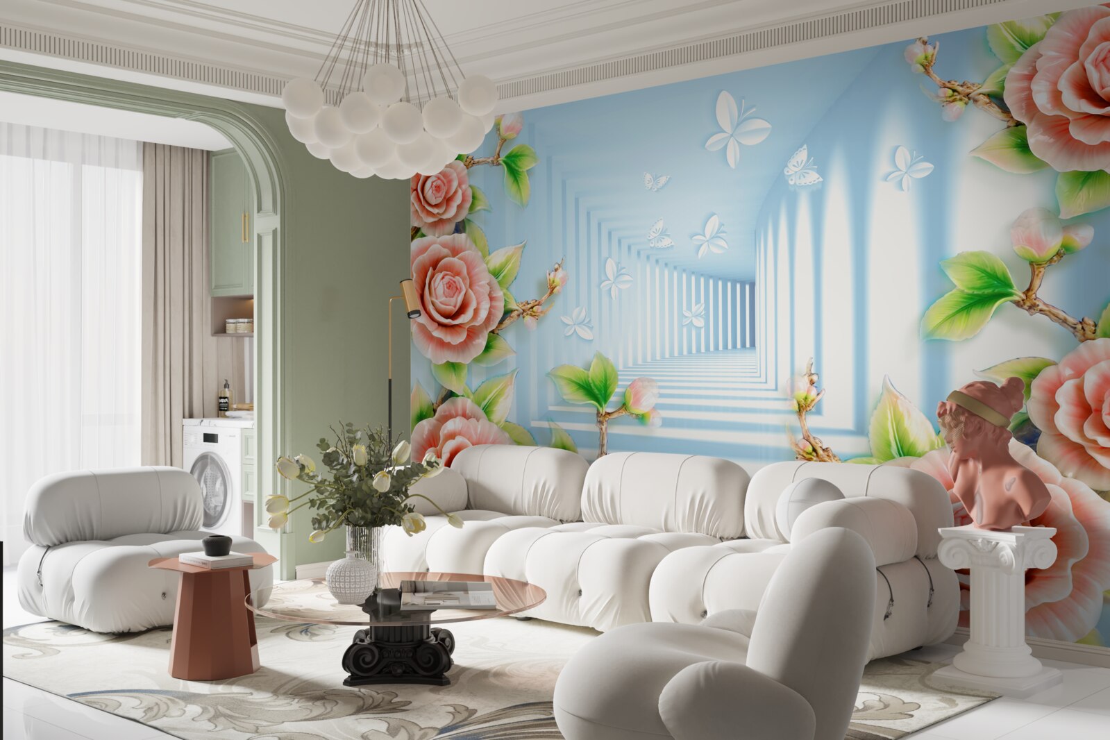 Fototapeta modrý tunel vyplnený ružovými ružami