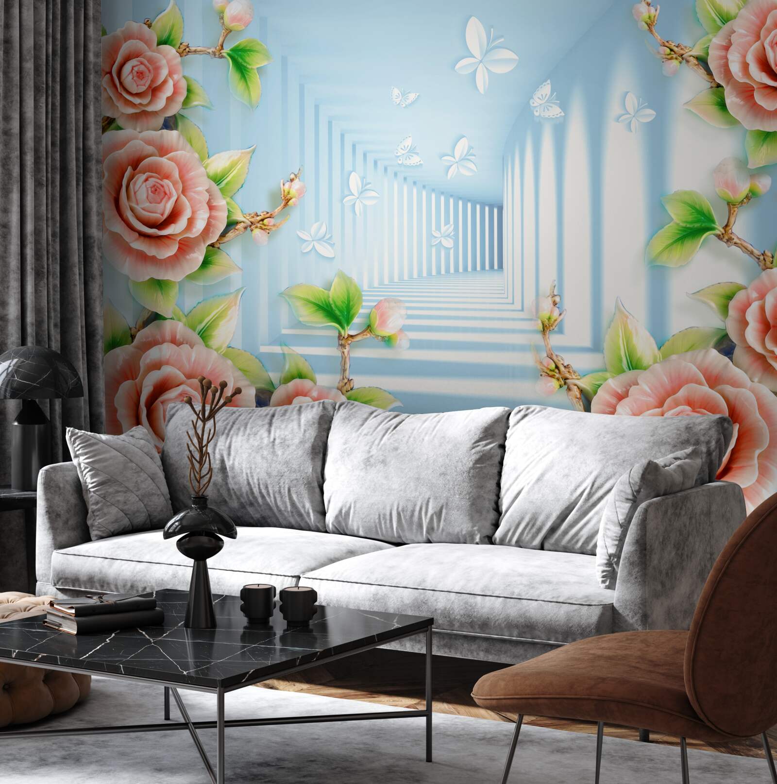 Fototapeta modrý tunel vyplnený ružovými ružami