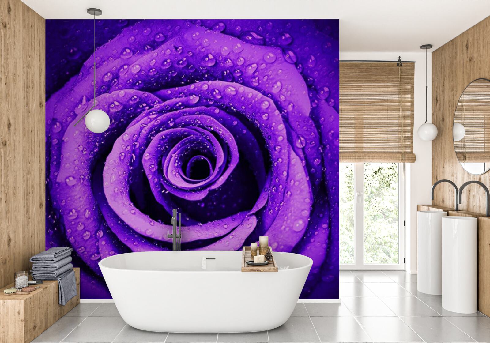 Fototapeta blízky pohľad na fialovú ružu pokrytý kvapkami dažďa