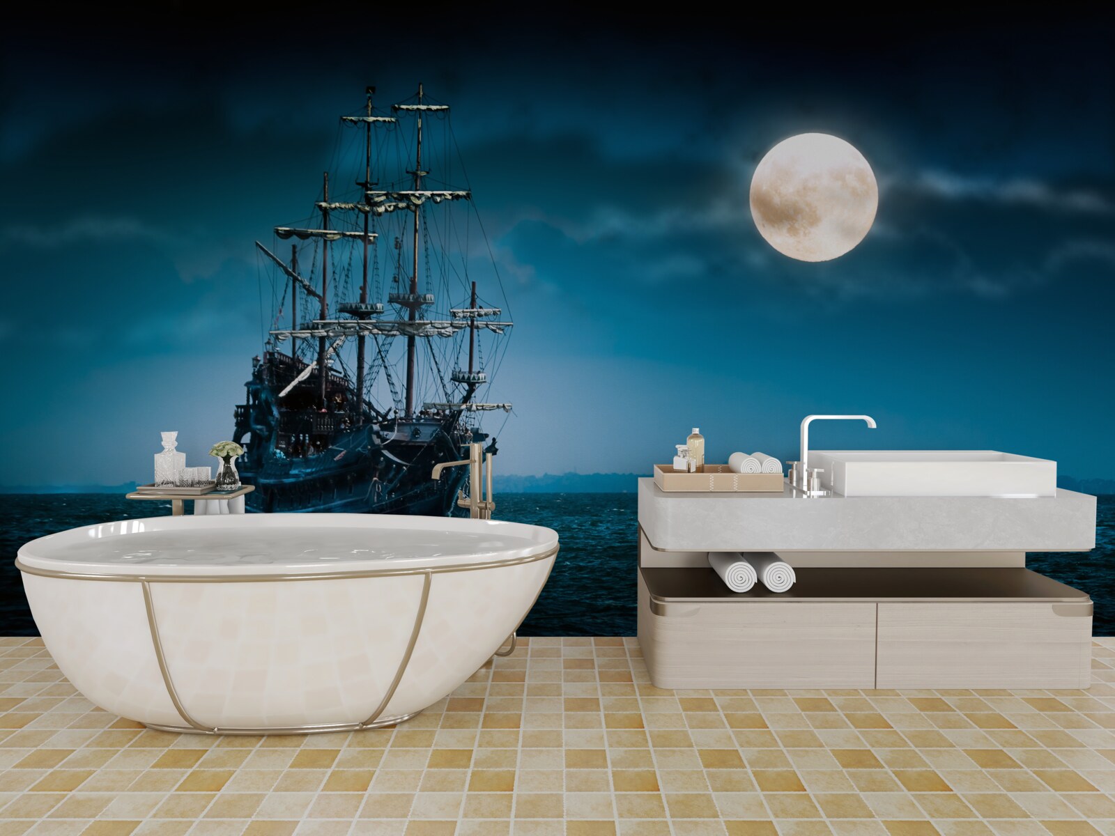 Fototapeta staroveká loď v mesačnom svite