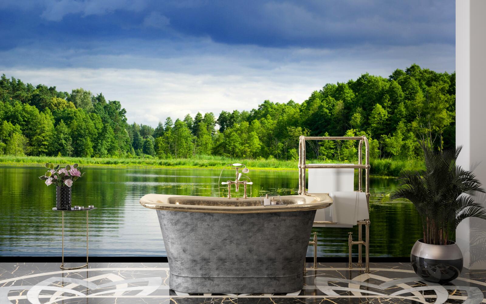 Fototapeta svieži smaragdový les v blízkosti pokojnej vody