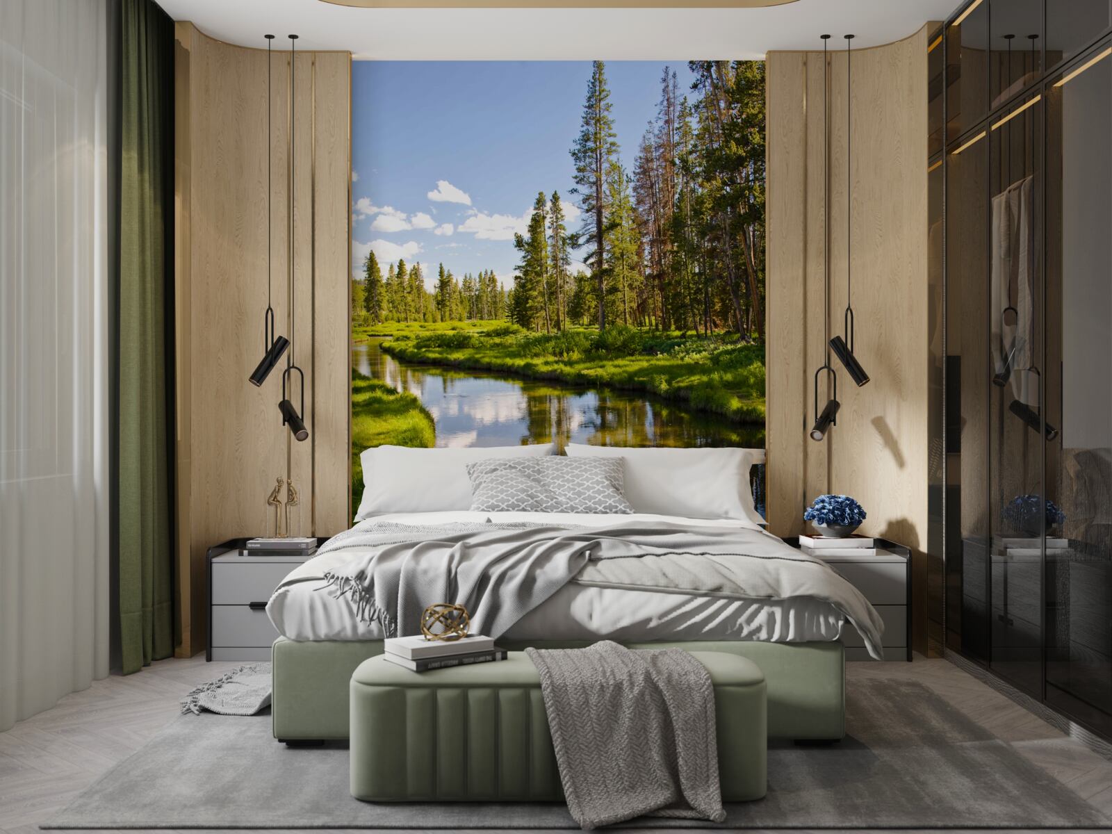 Fototapeta lesný potok medzi ihličnanmi v lete