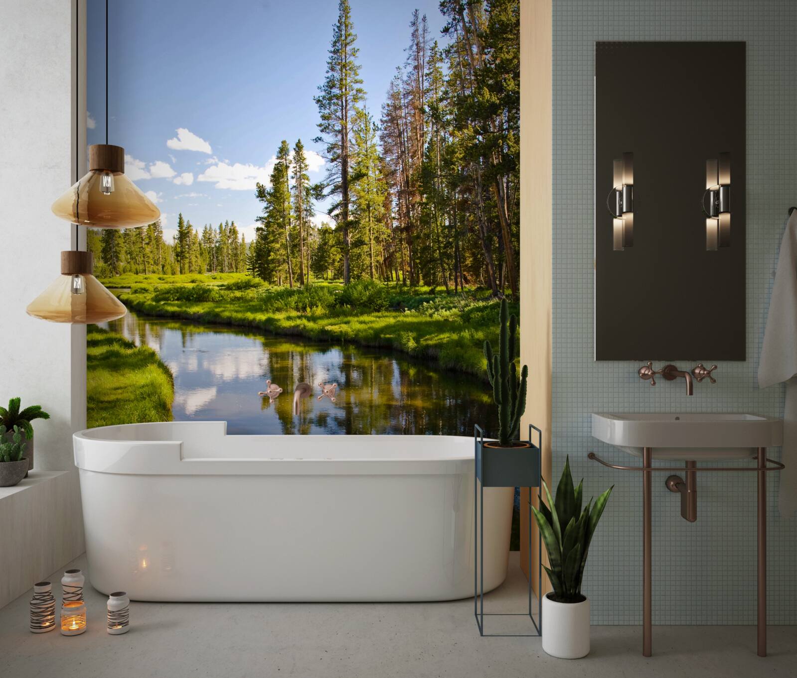 Fototapeta lesný potok medzi ihličnanmi v lete