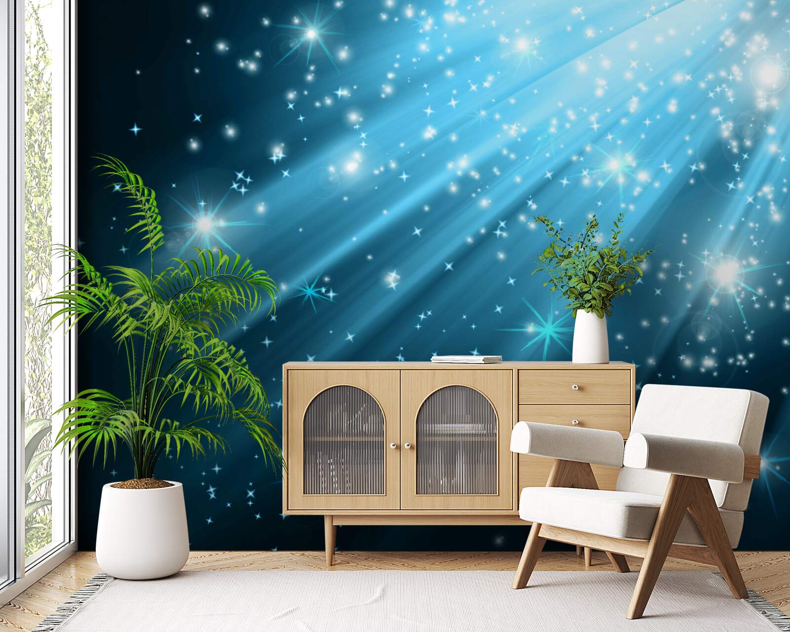 Fototapeta Žiariace lúče mesiaca na oblohe dávkované s hviezdami