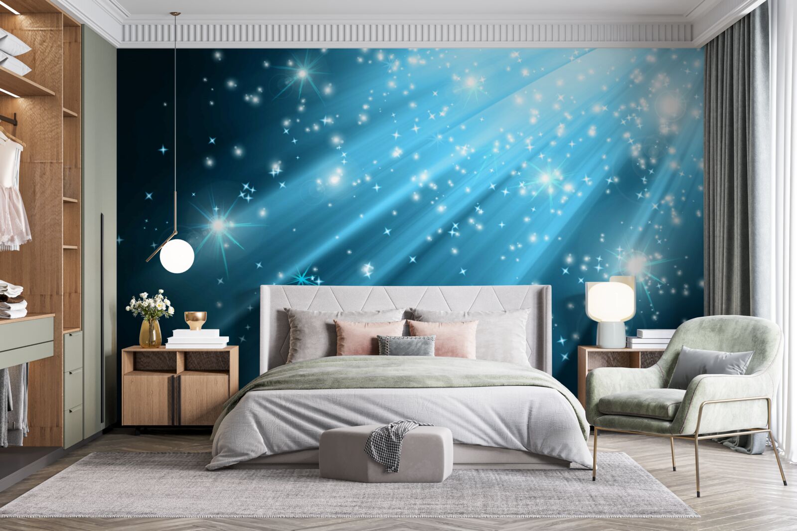 Fototapeta Žiariace lúče mesiaca na oblohe dávkované s hviezdami