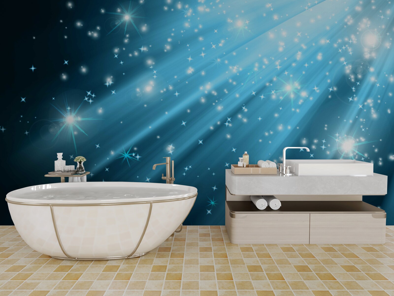 Fototapeta Žiariace lúče mesiaca na oblohe dávkované s hviezdami