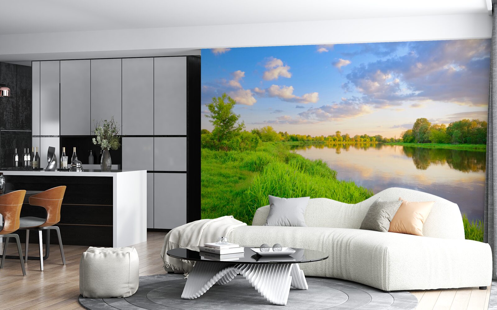 Fototapeta pokojná rieka vedľa zelenej lúky