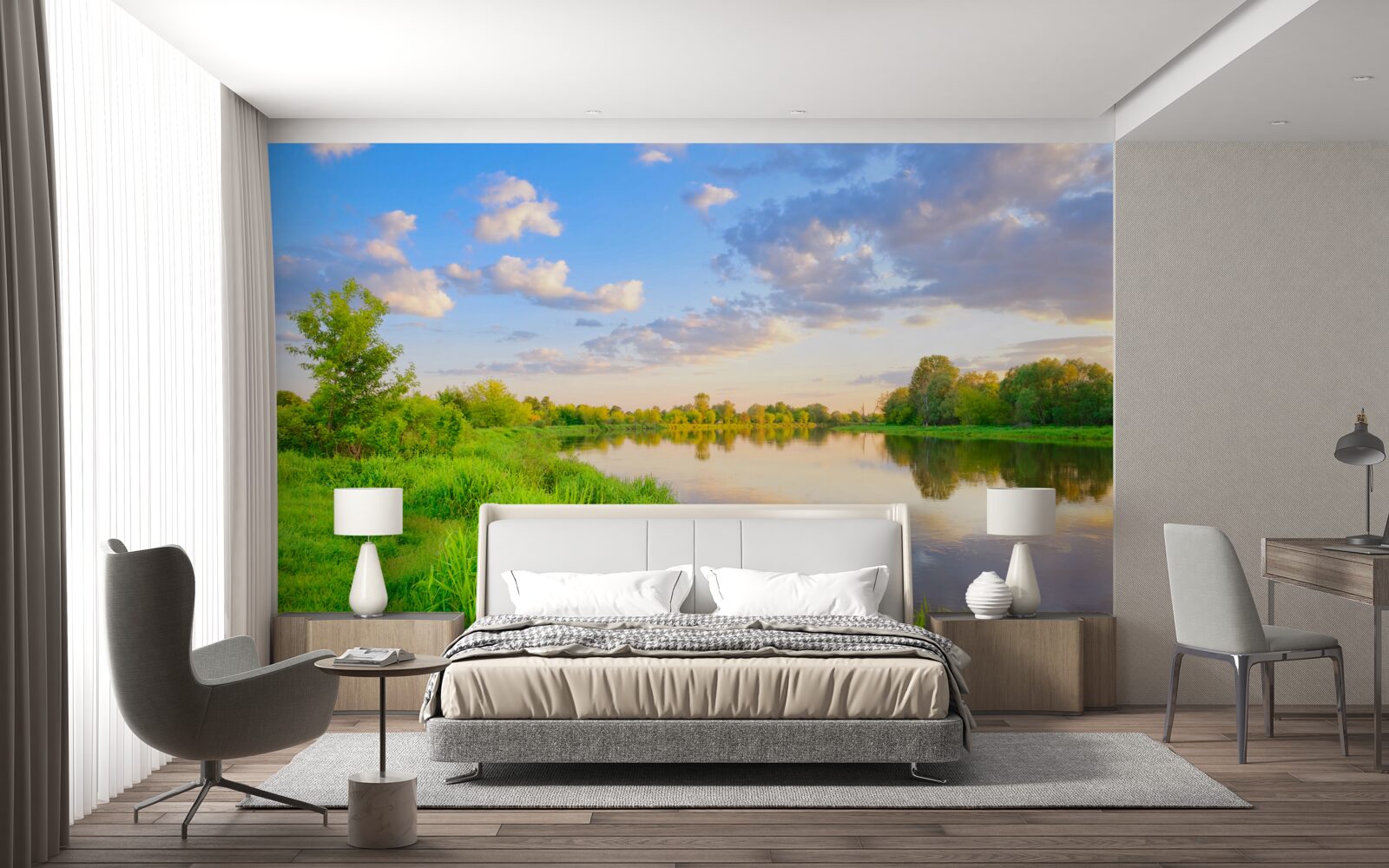 Fototapeta pokojná rieka vedľa zelenej lúky