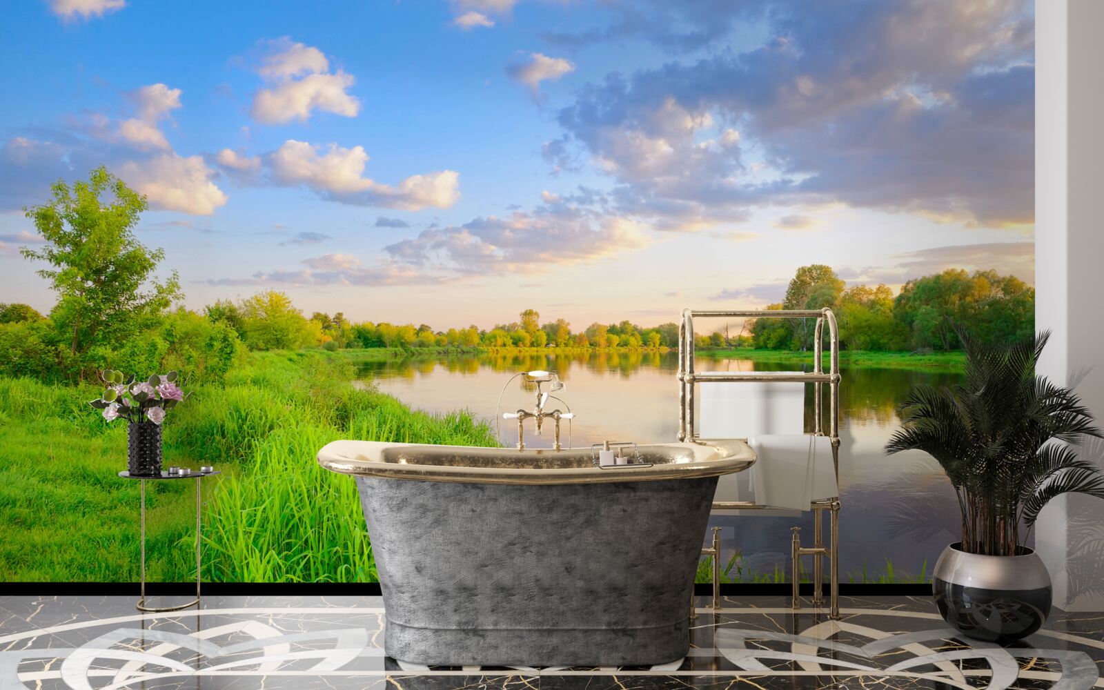 Fototapeta pokojná rieka vedľa zelenej lúky