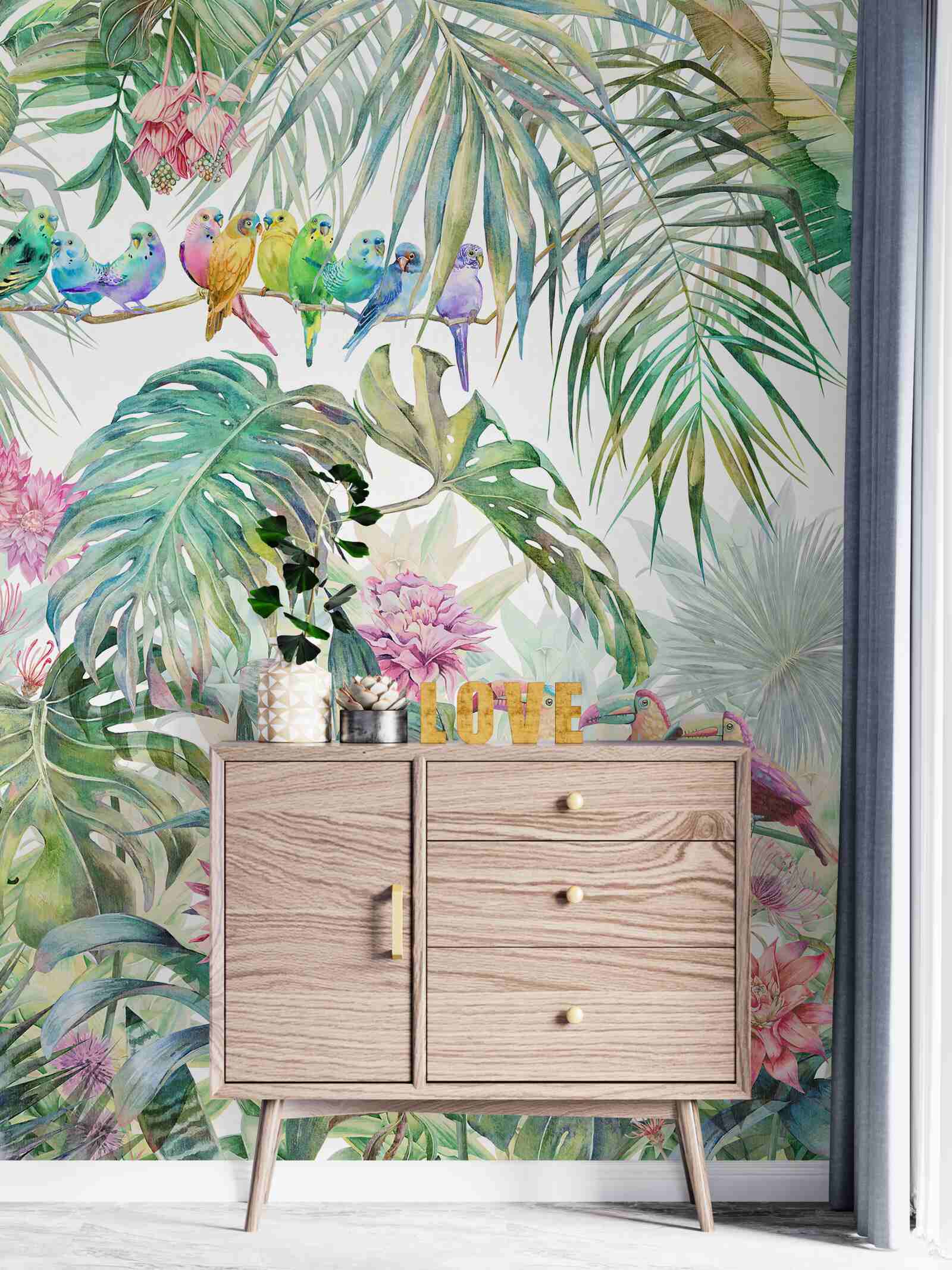 Fototapeta exotické rastliny a farebné vtáky