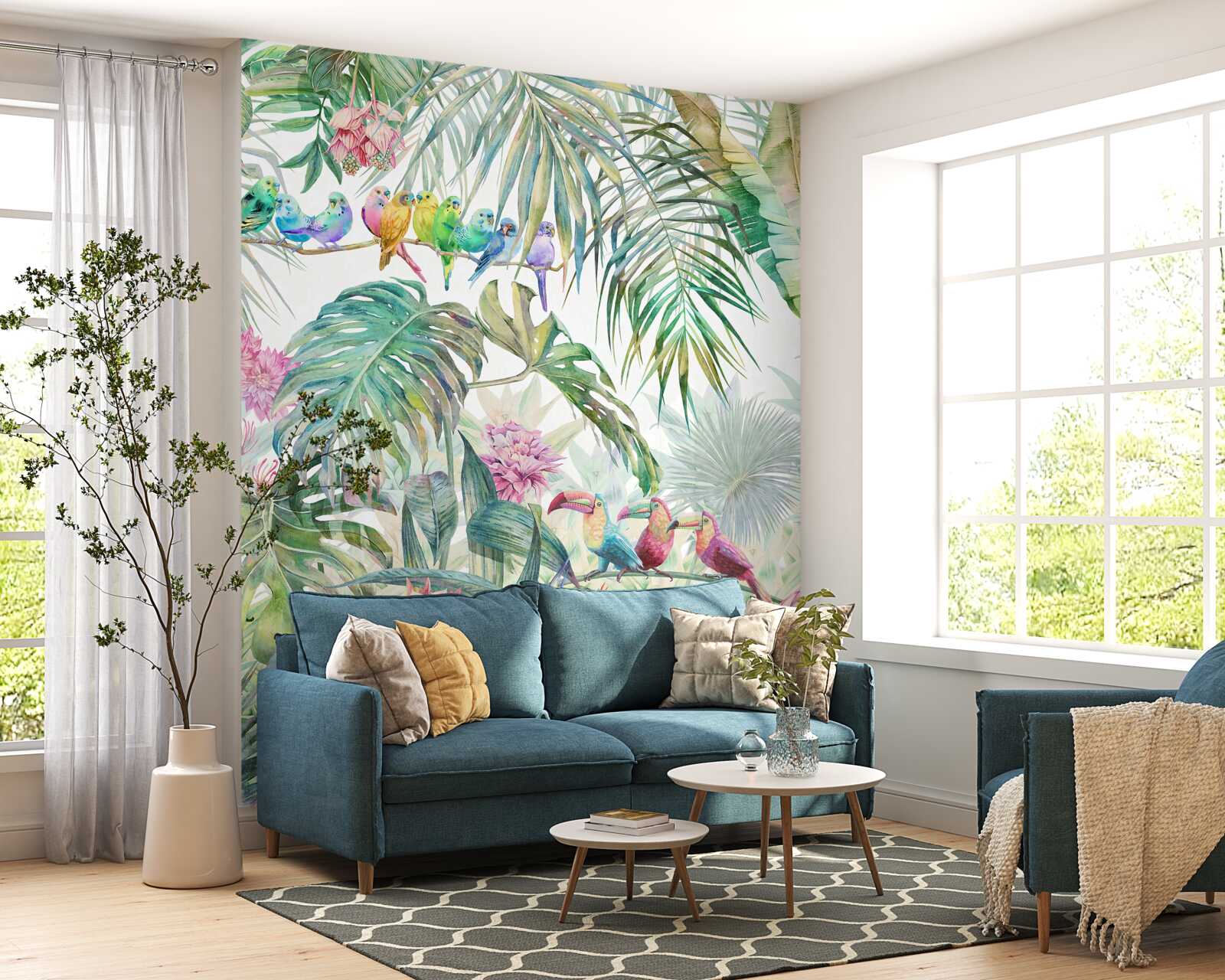 Fototapeta exotické rastliny a farebné vtáky