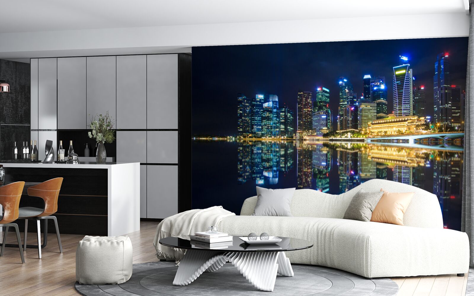 Fototapeta nočné mesto odrážajúce sa vo vode a osvetlené svetlami