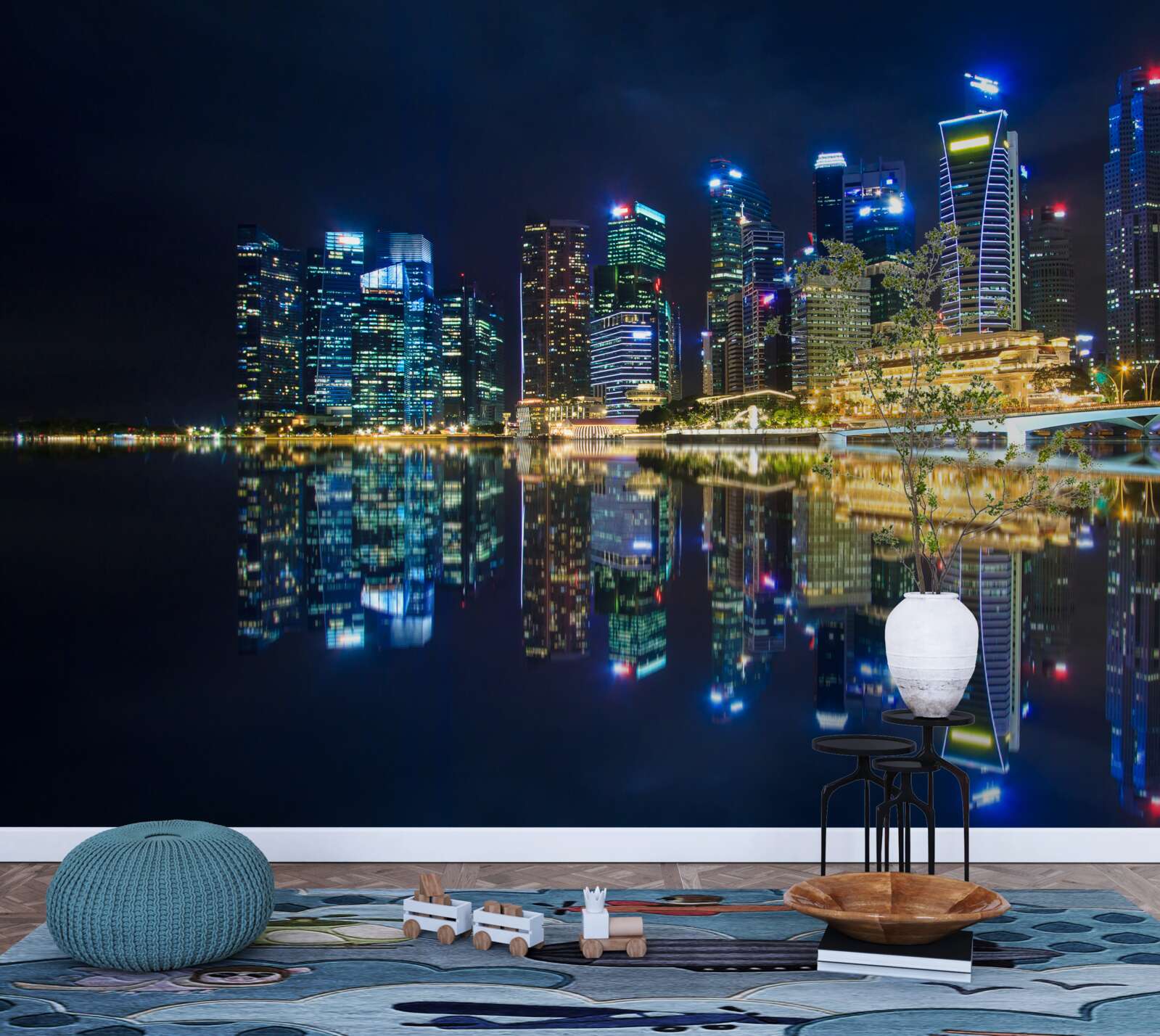 Fototapeta nočné mesto odrážajúce sa vo vode a osvetlené svetlami