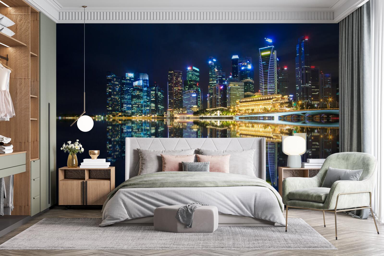 Fototapeta nočné mesto odrážajúce sa vo vode a osvetlené svetlami