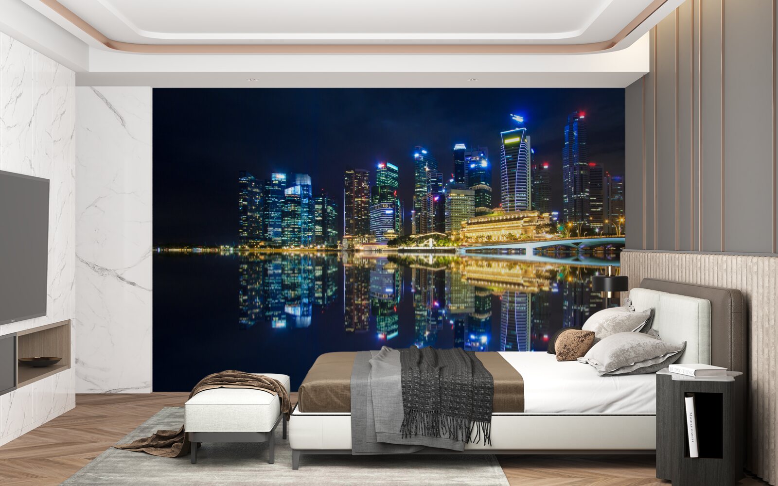 Fototapeta nočné mesto odrážajúce sa vo vode a osvetlené svetlami