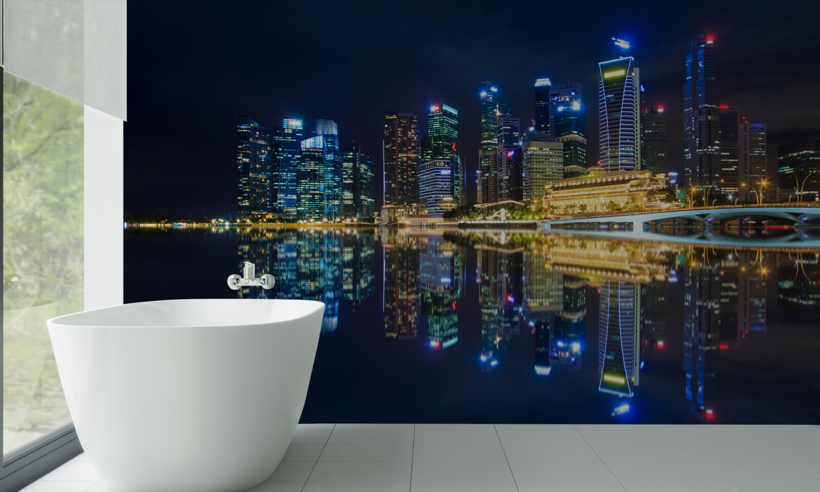 Fototapeta nočné mesto odrážajúce sa vo vode a osvetlené svetlami