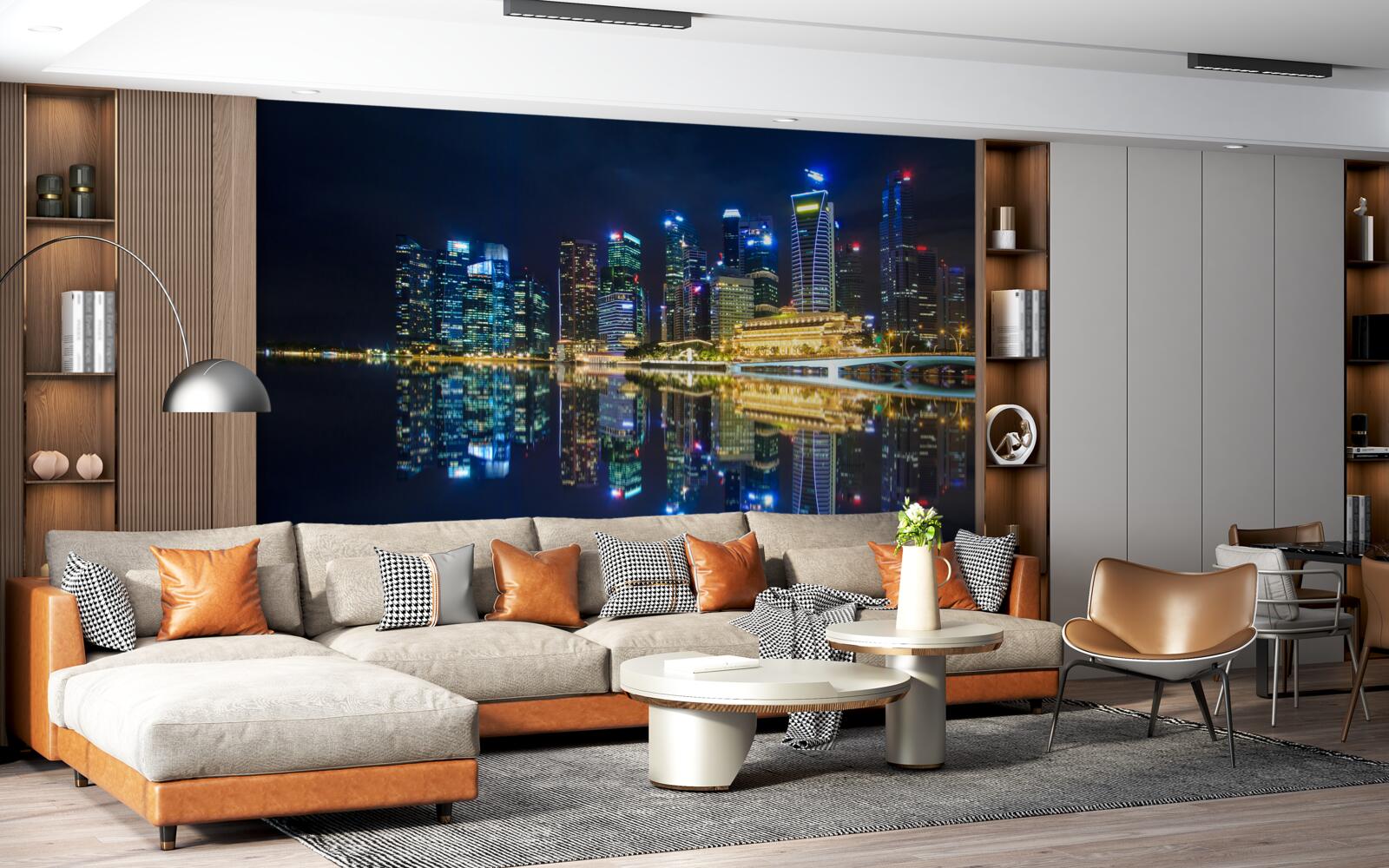 Fototapeta nočné mesto odrážajúce sa vo vode a osvetlené svetlami