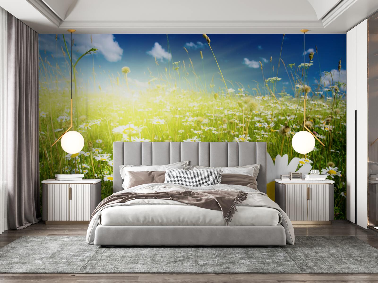 Fototapeta lúka pokrytá sedmokráskami po úsvitu