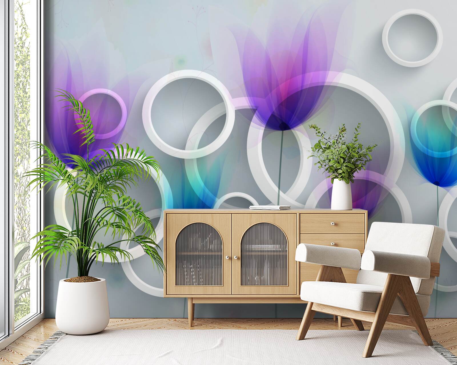 Fototapeta makové kvety a abstraktné kruhy na pozadí