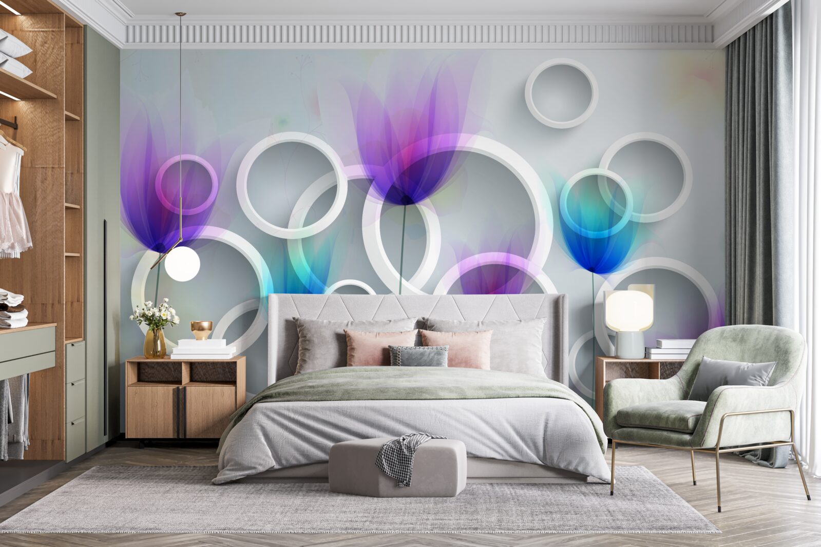 Fototapeta makové kvety a abstraktné kruhy na pozadí