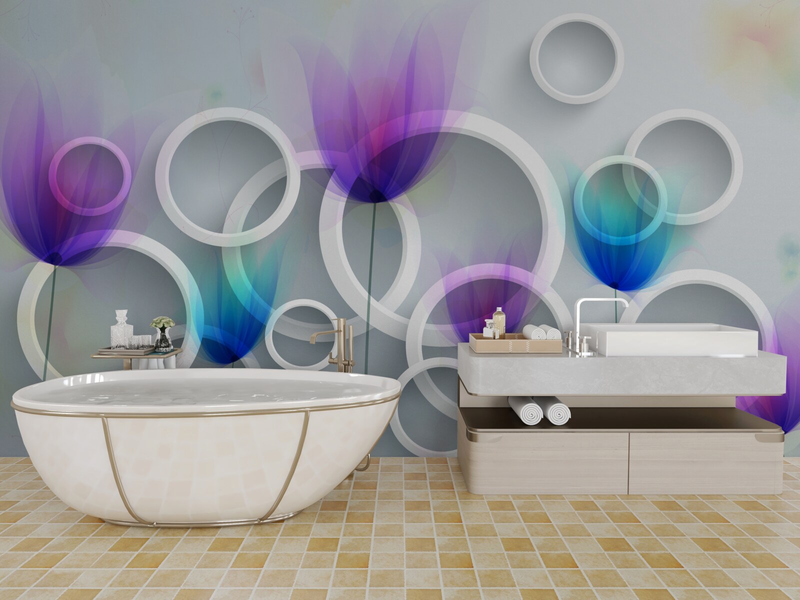 Fototapeta makové kvety a abstraktné kruhy na pozadí