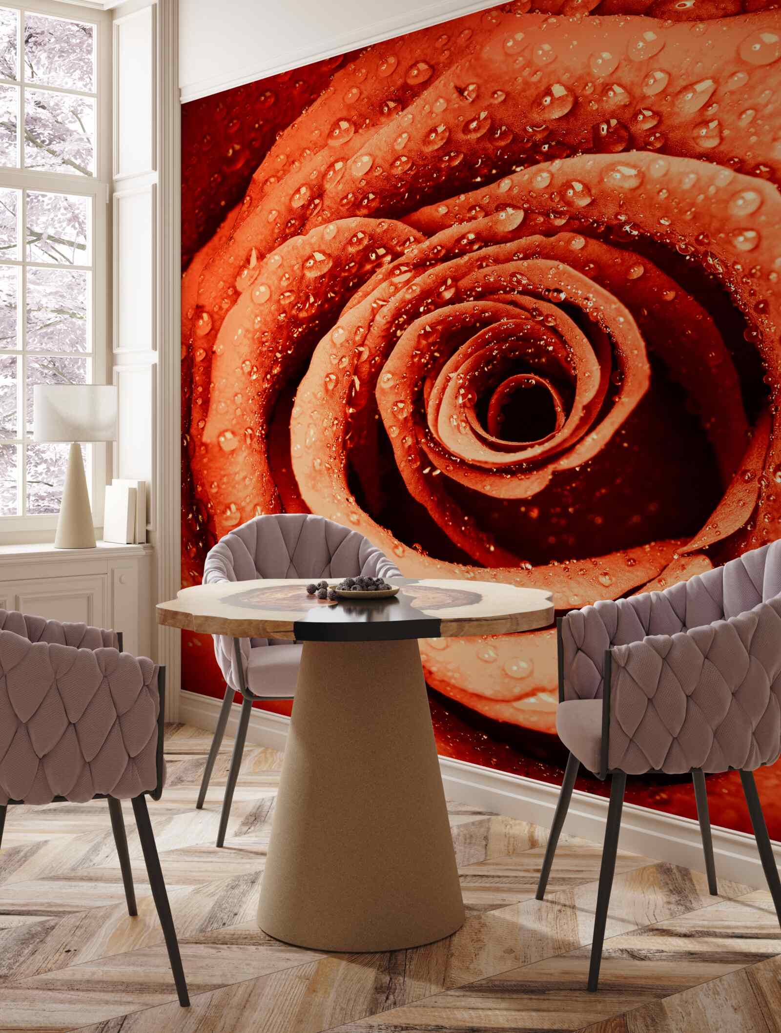 Fototapeta kvapky rosy na šarlátovom lupene ruže