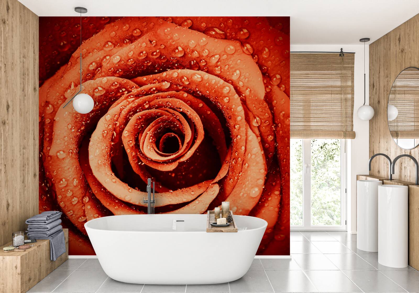 Fototapeta kvapky rosy na šarlátovom lupene ruže