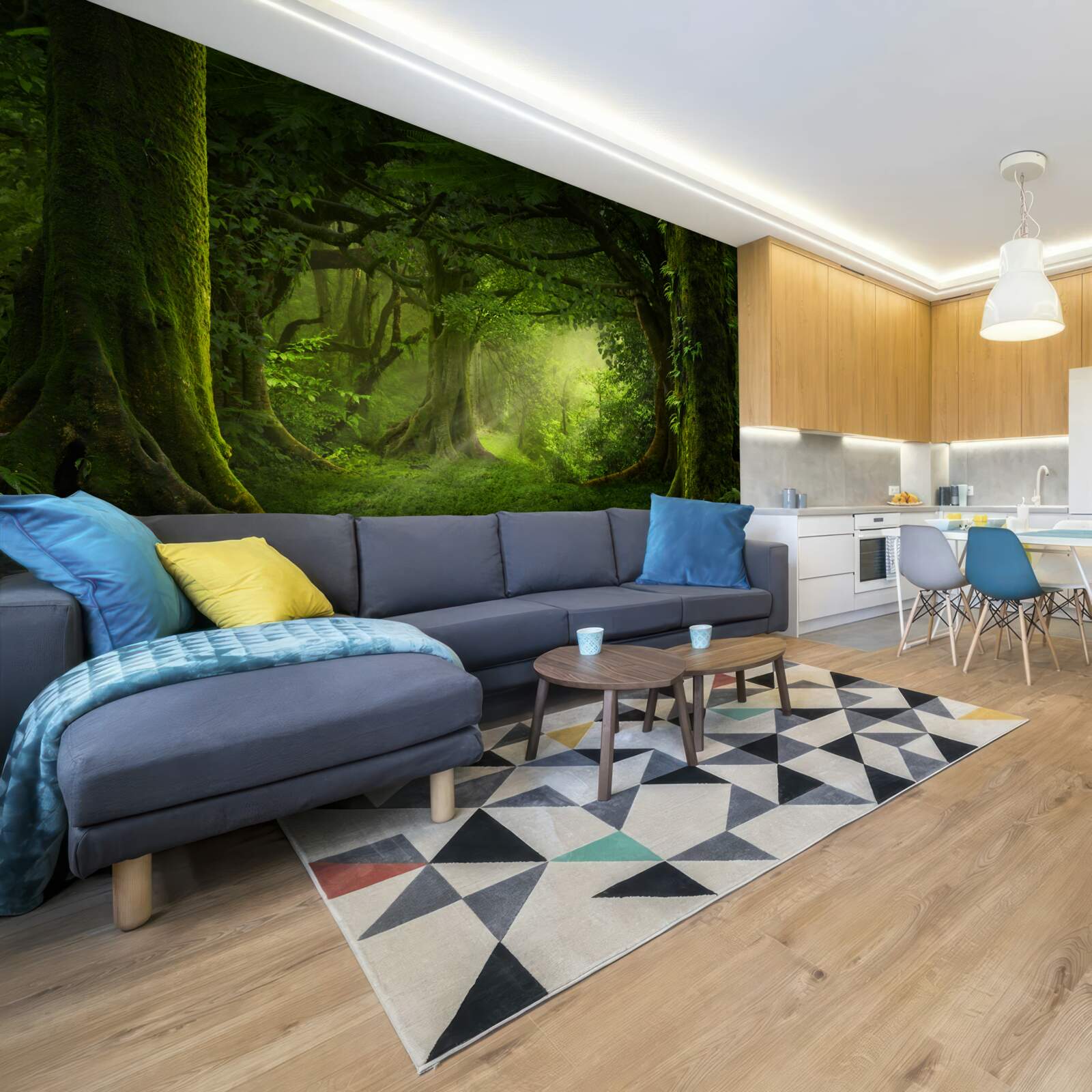 Fototapeta slnečné lúče prenikajú cezeň husté stromy lesa