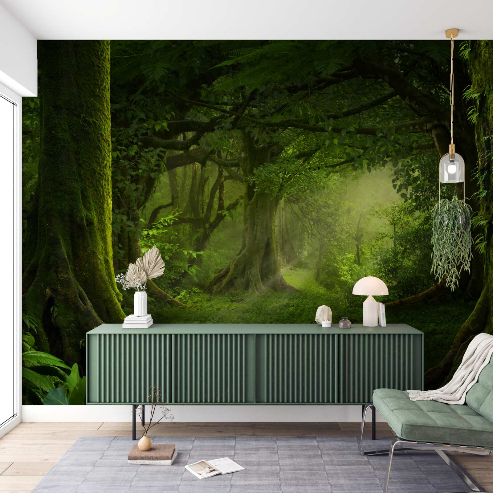 Fototapeta slnečné lúče prenikajú cezeň husté stromy lesa