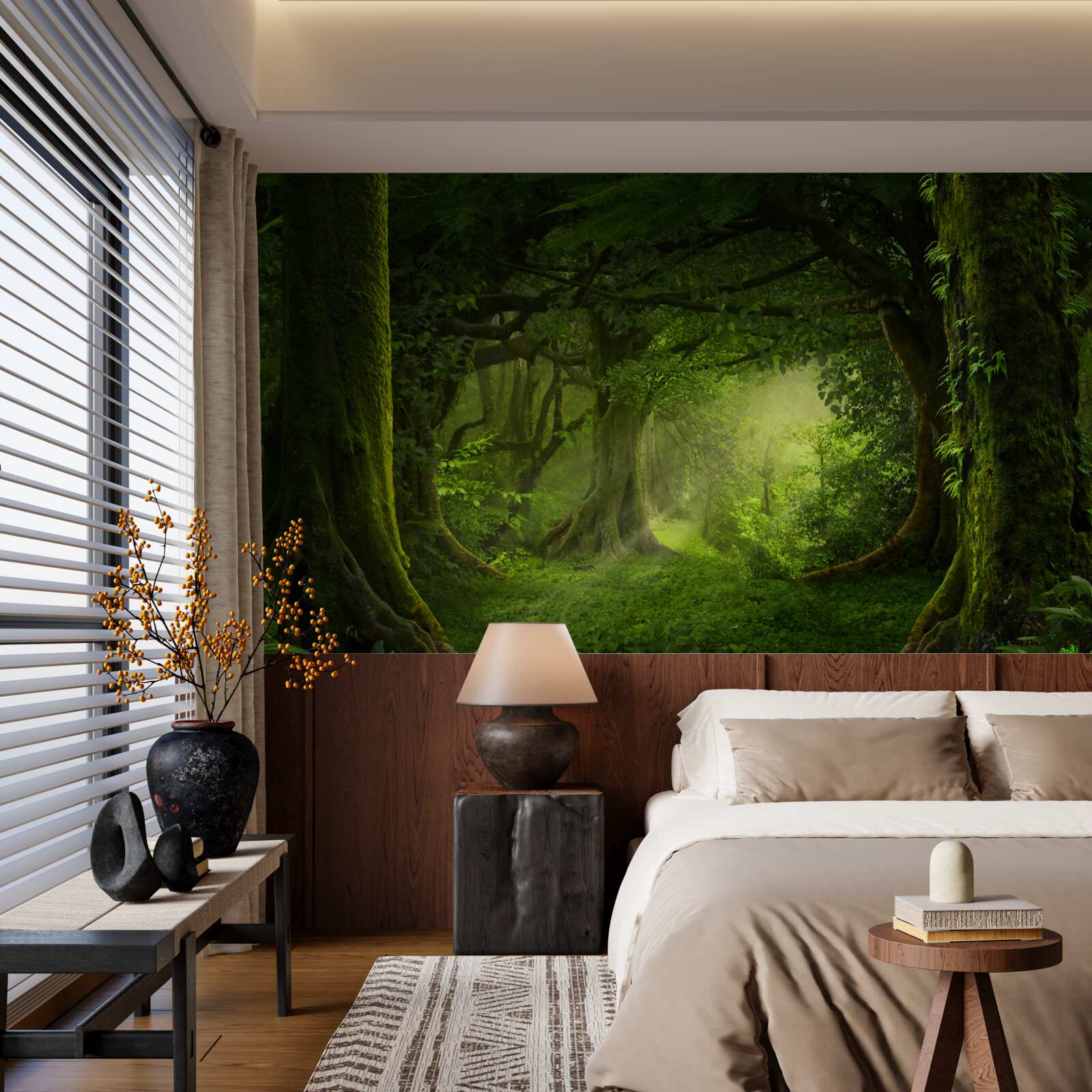 Fototapeta slnečné lúče prenikajú cezeň husté stromy lesa