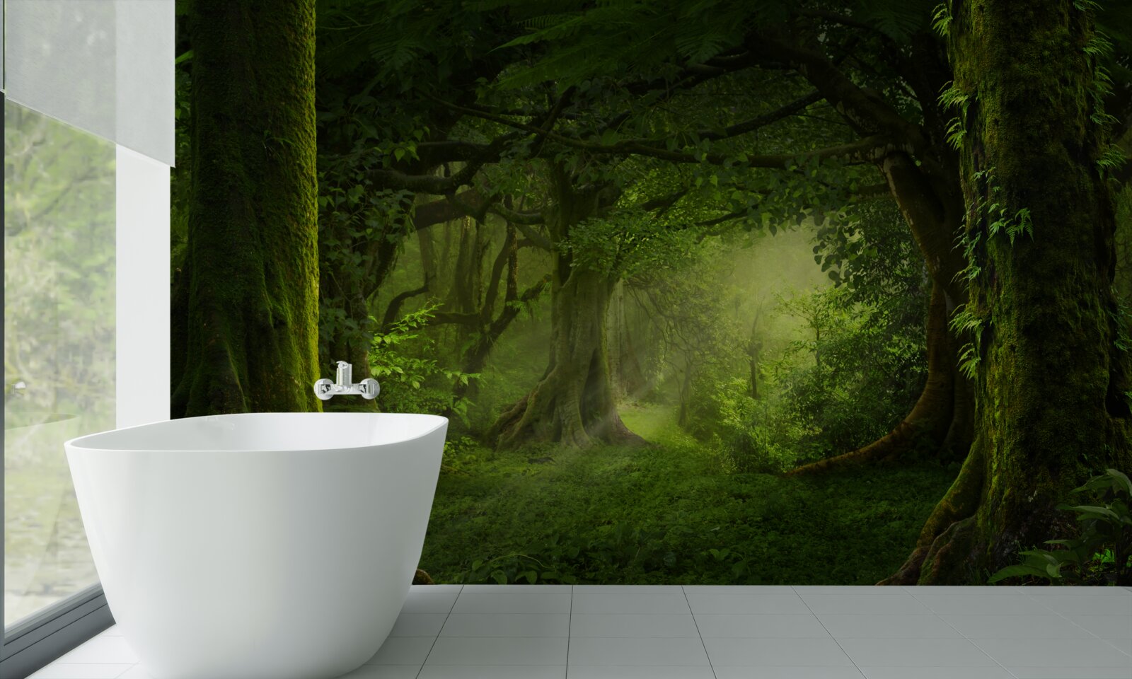 Fototapeta slnečné lúče prenikajú cezeň husté stromy lesa