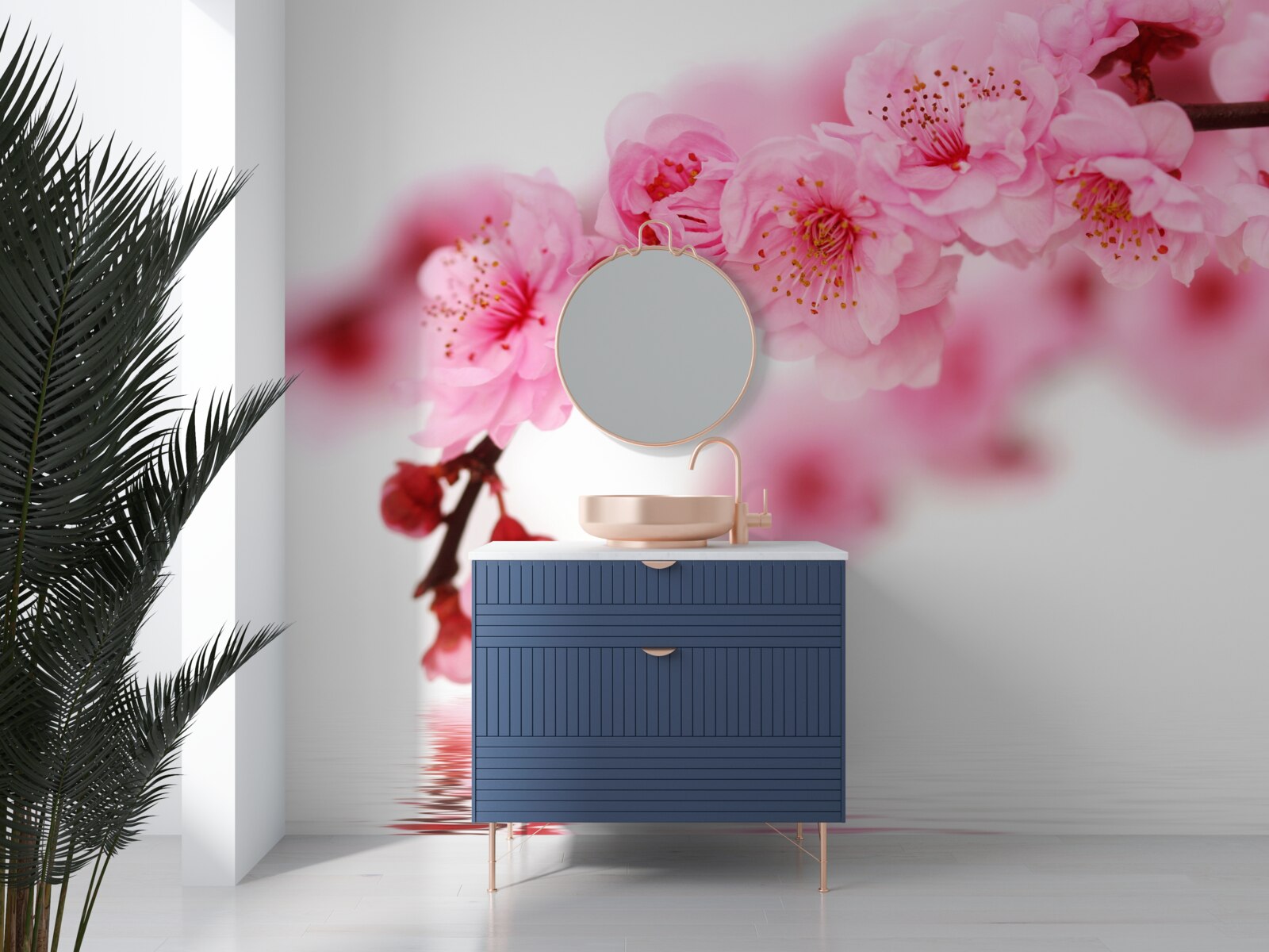 Fototapeta pri vode leží ružová vetva sakury