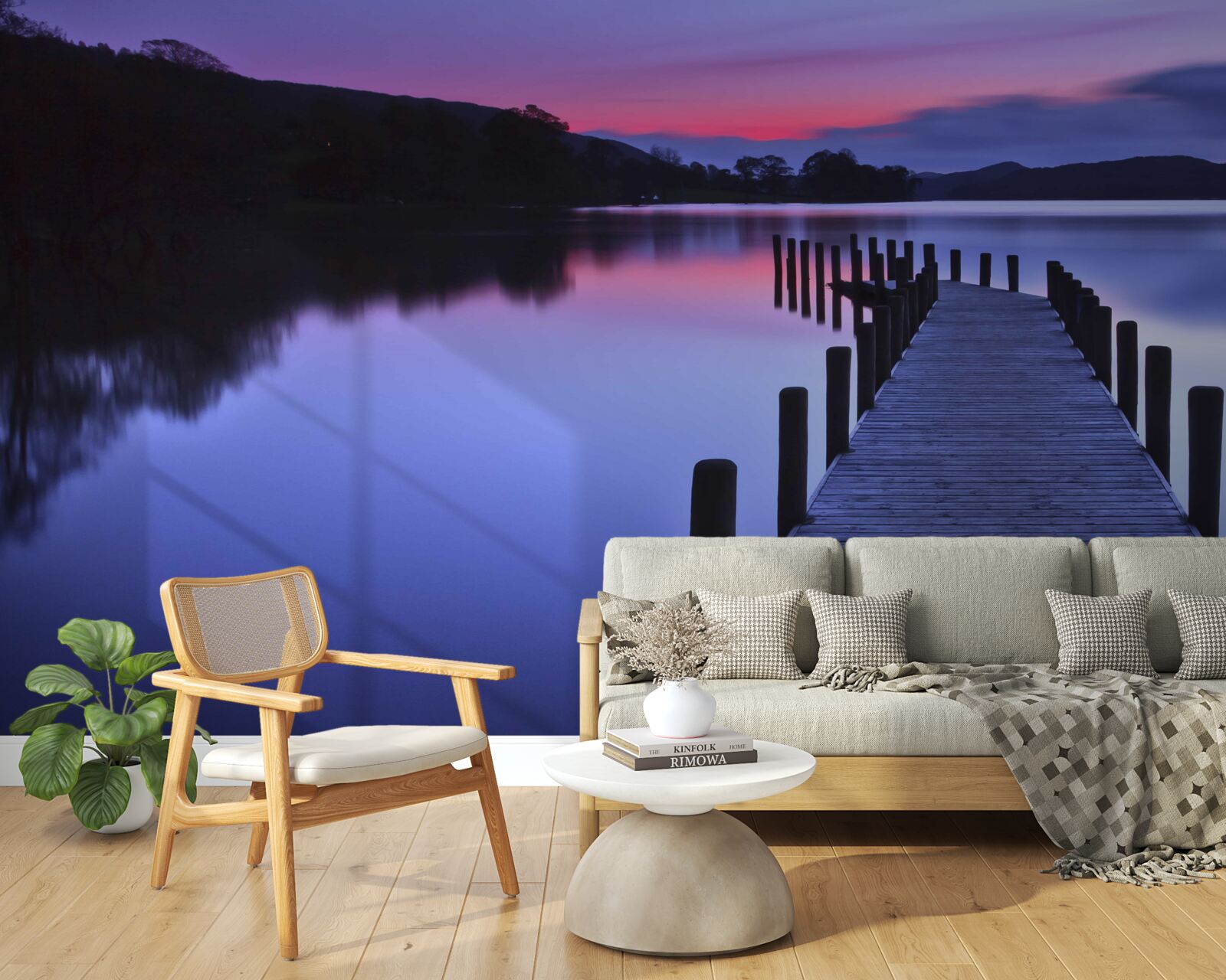 Fototapeta molo pri jazere v horách za úsvitom