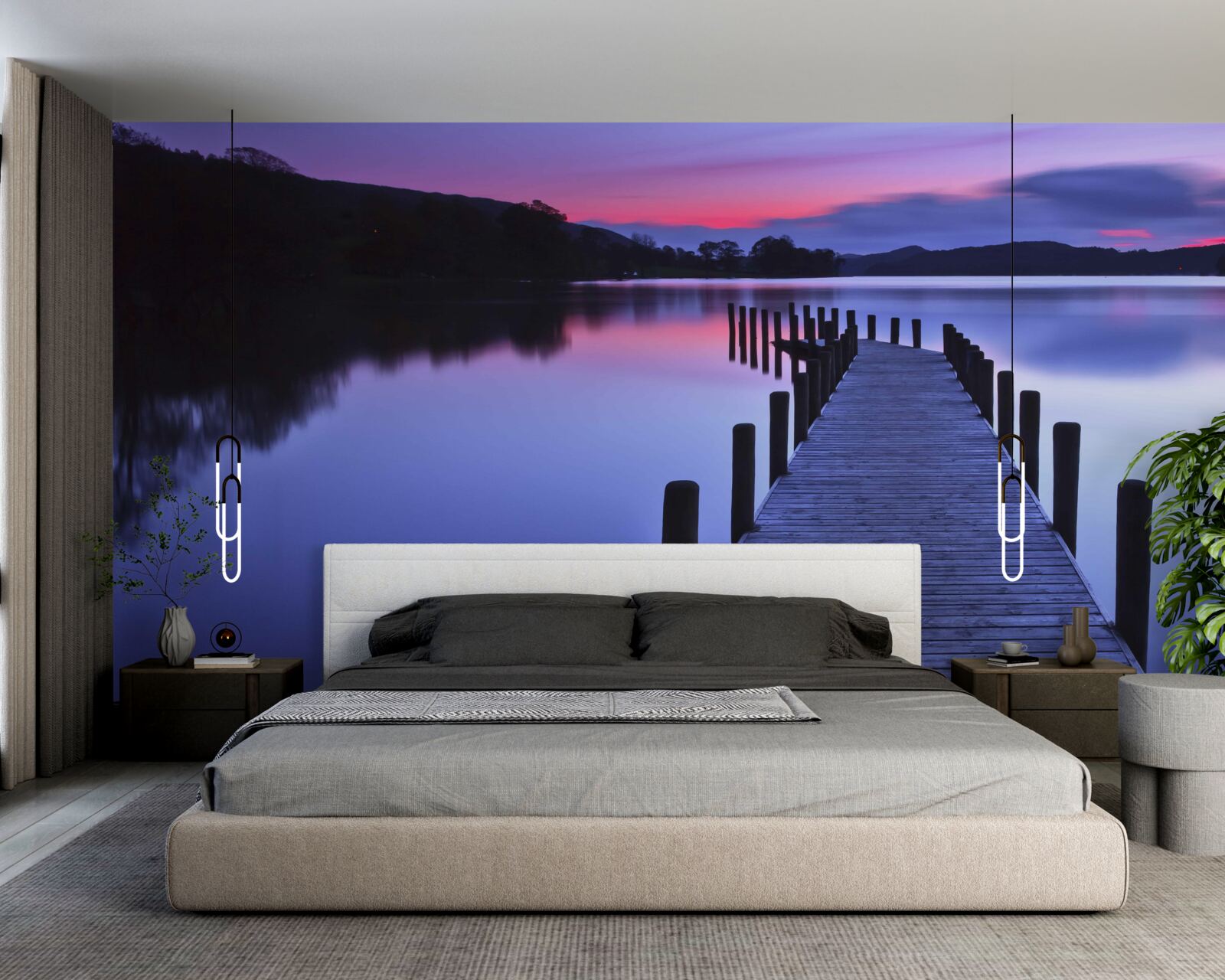 Fototapeta molo pri jazere v horách za úsvitom