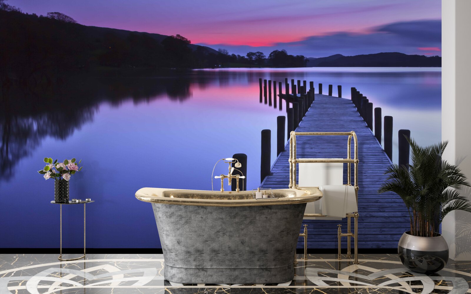 Fototapeta molo pri jazere v horách za úsvitom