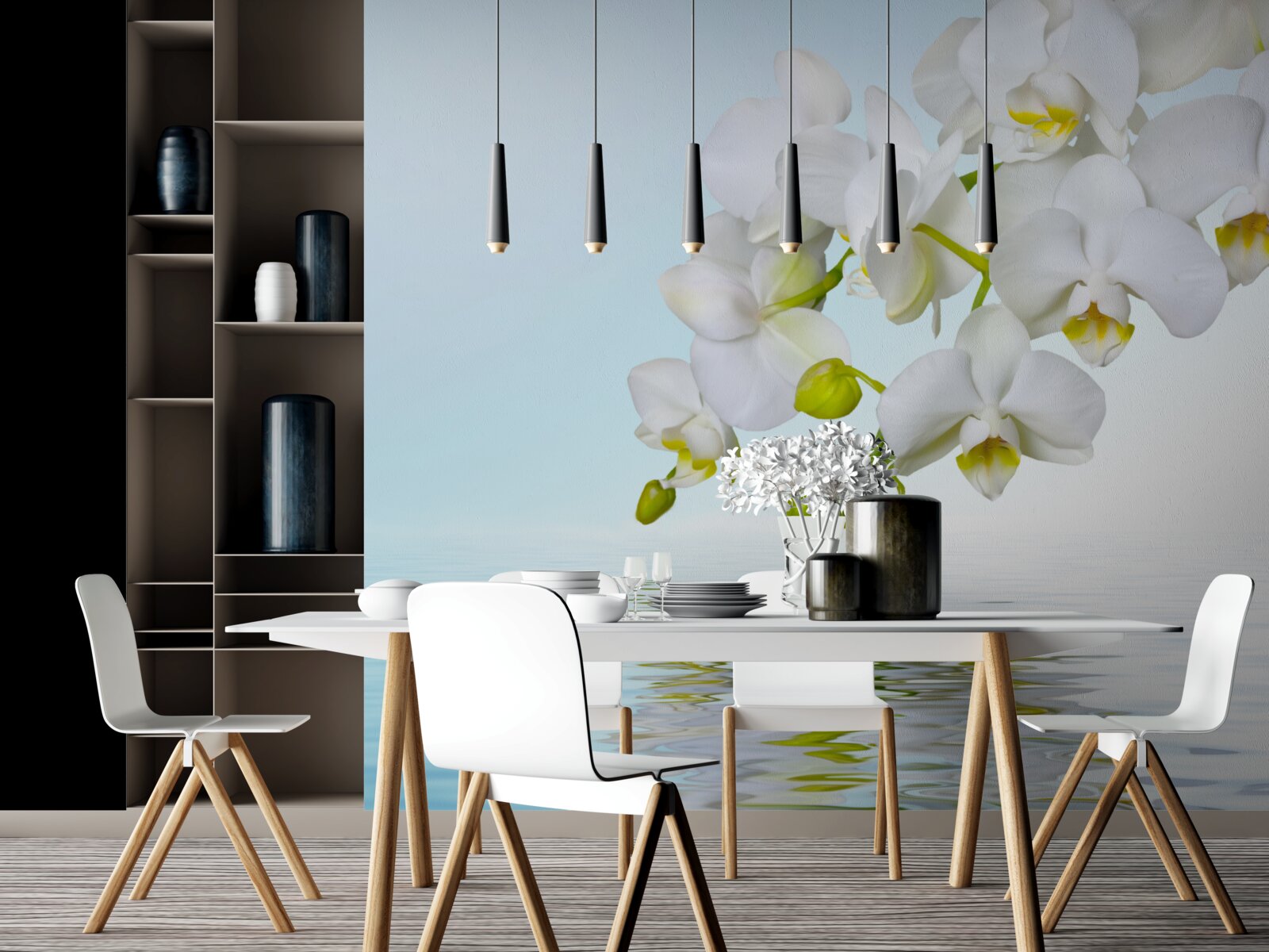 Fototapeta vetva bielej orchidey v blízkosti pokojnej vody